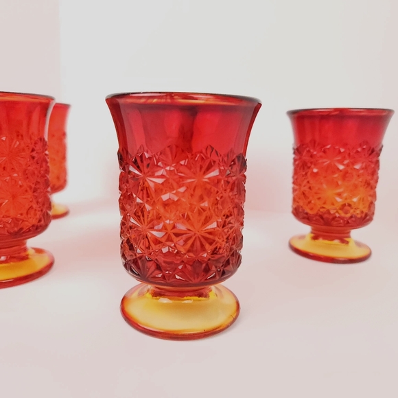 Amberina Daisy Button Glasses Set Of 5 Red Orange Art Glass 3.75 " Tall Vintage - Picture 2 of 16